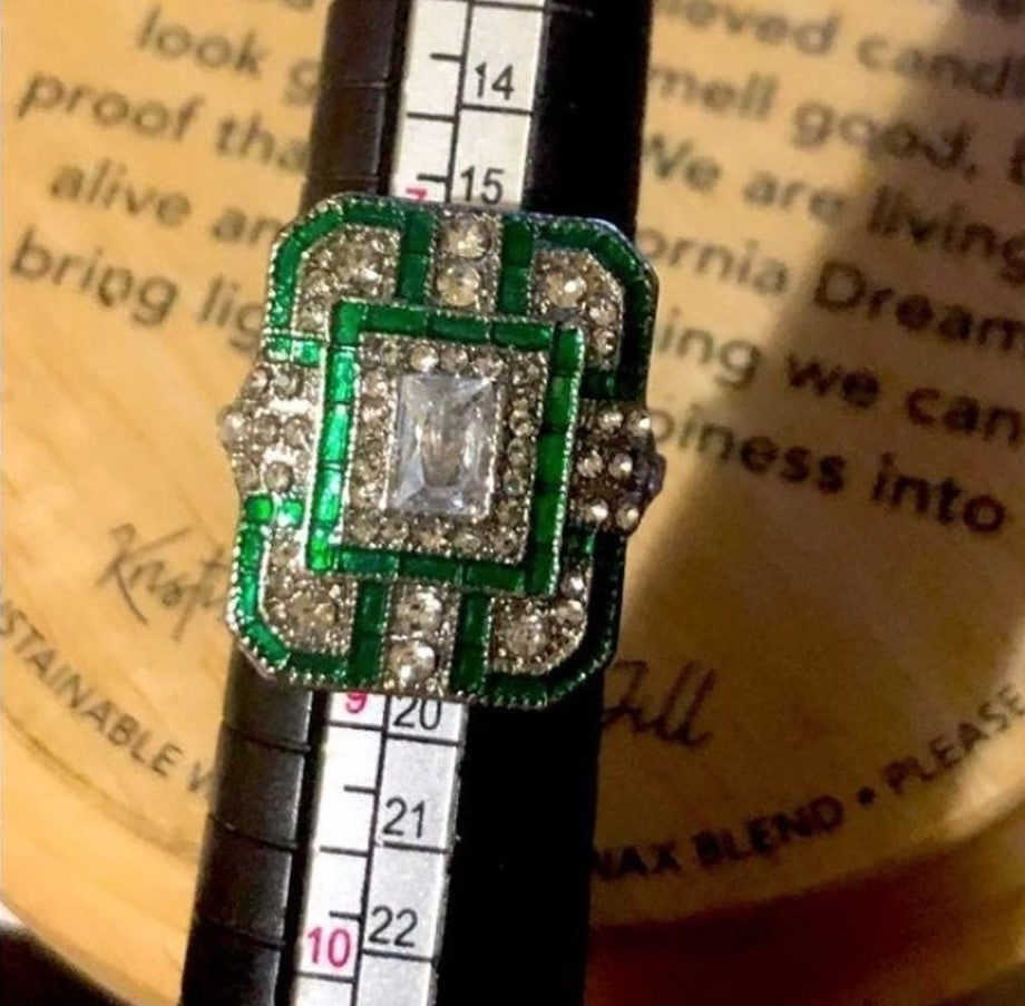 Vintage Art Deco Faux Green Sapphire & CZ Gemstone Ring