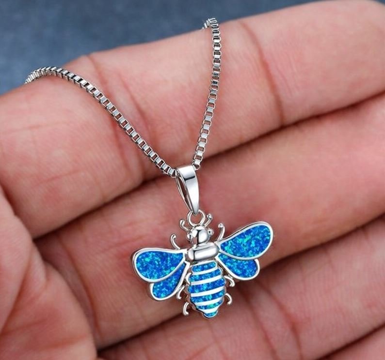 Blue Opal Bee Insect Silver Boho Necklace