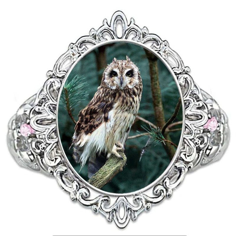 Vintage Oval Cut Enamel Owl Silver Animal Ring