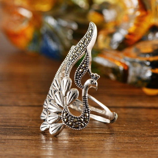 Retro Peacock Animal Feather Antique Silver Ring