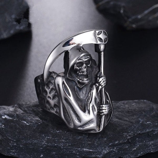 Gothic Punk Grim Reaper Skull Silver Ring