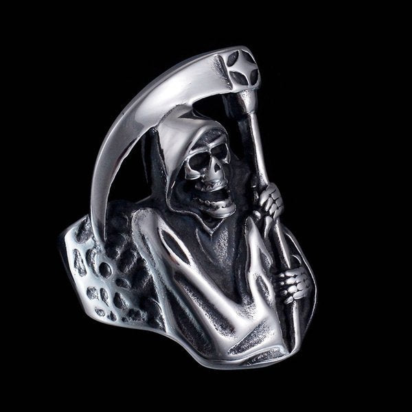 Gothic Punk Grim Reaper Skull Silver Ring