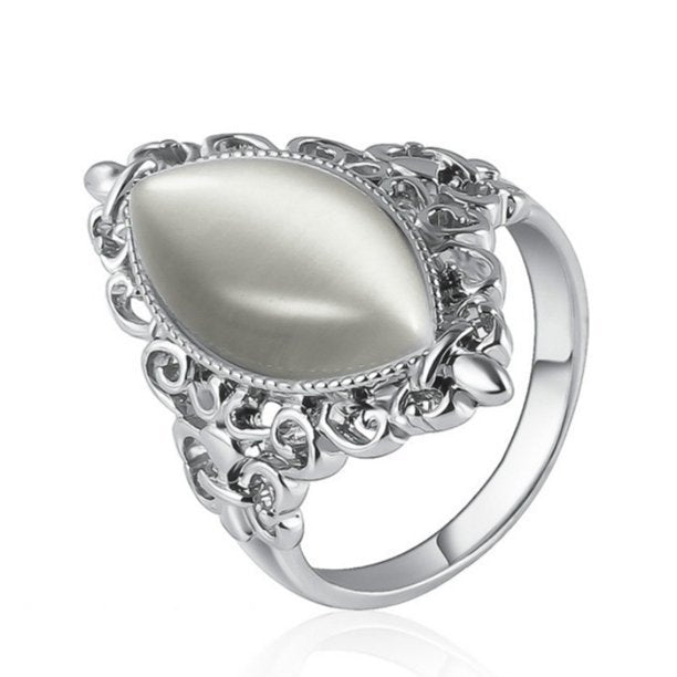 925 Sterling Silver Vintage White Opal Marquise Ring