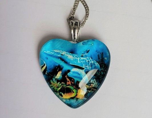 Swimming Whales Ocean Heart Shaped Silver Charm Necklace