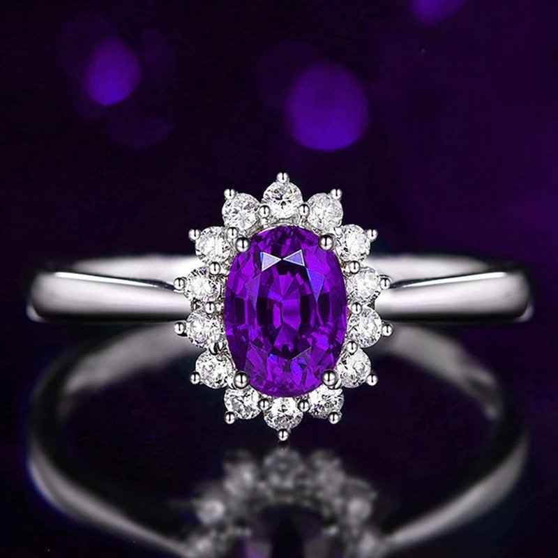 Sterling Silver Oval Purple Amethyst Flower Open Ring