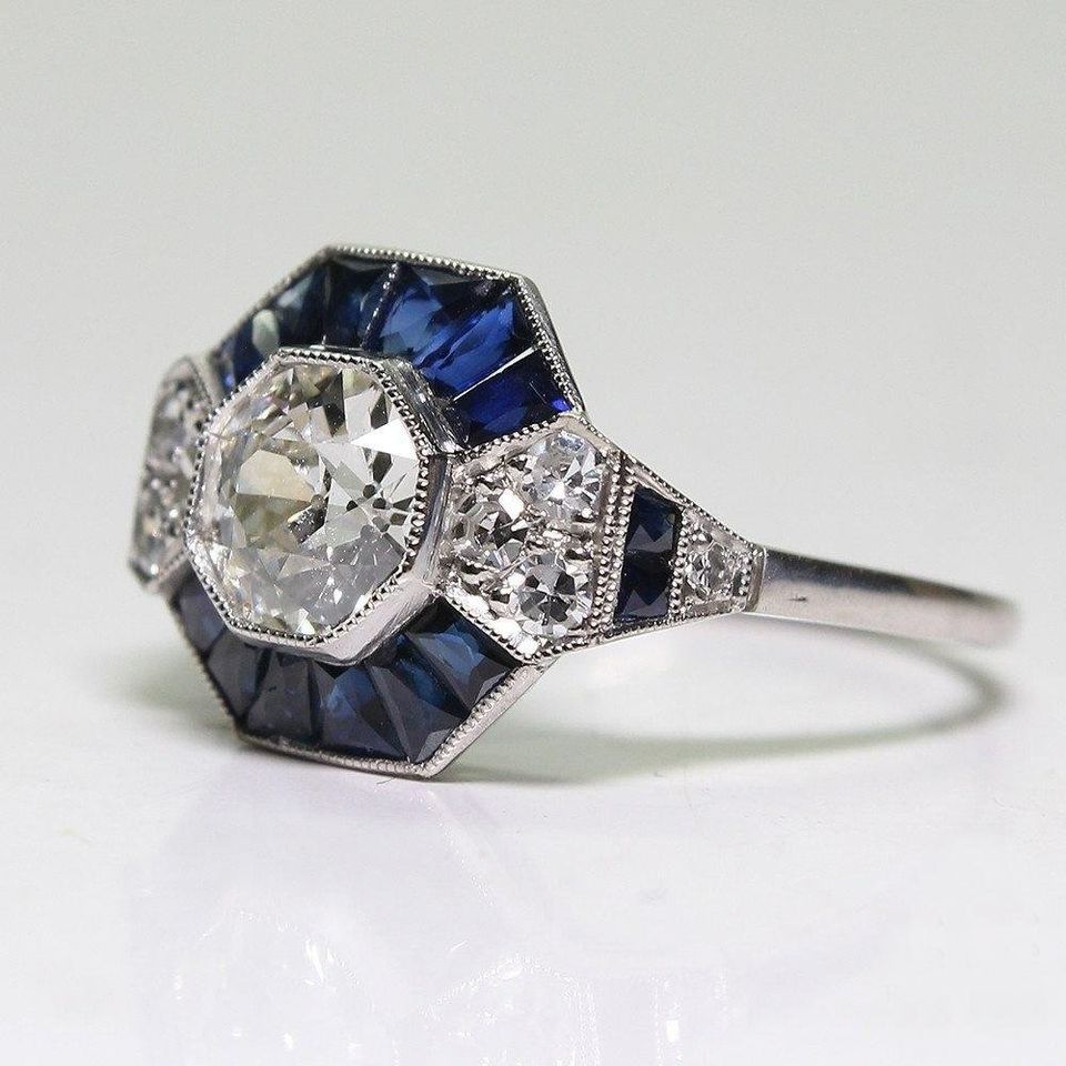 Vintage 2CT Blue Topaz Geometric Silver Art Deco Ring