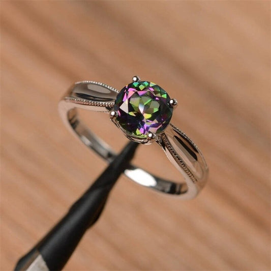 Round Mystic Rainbow Topaz Solitaire Silver Ring