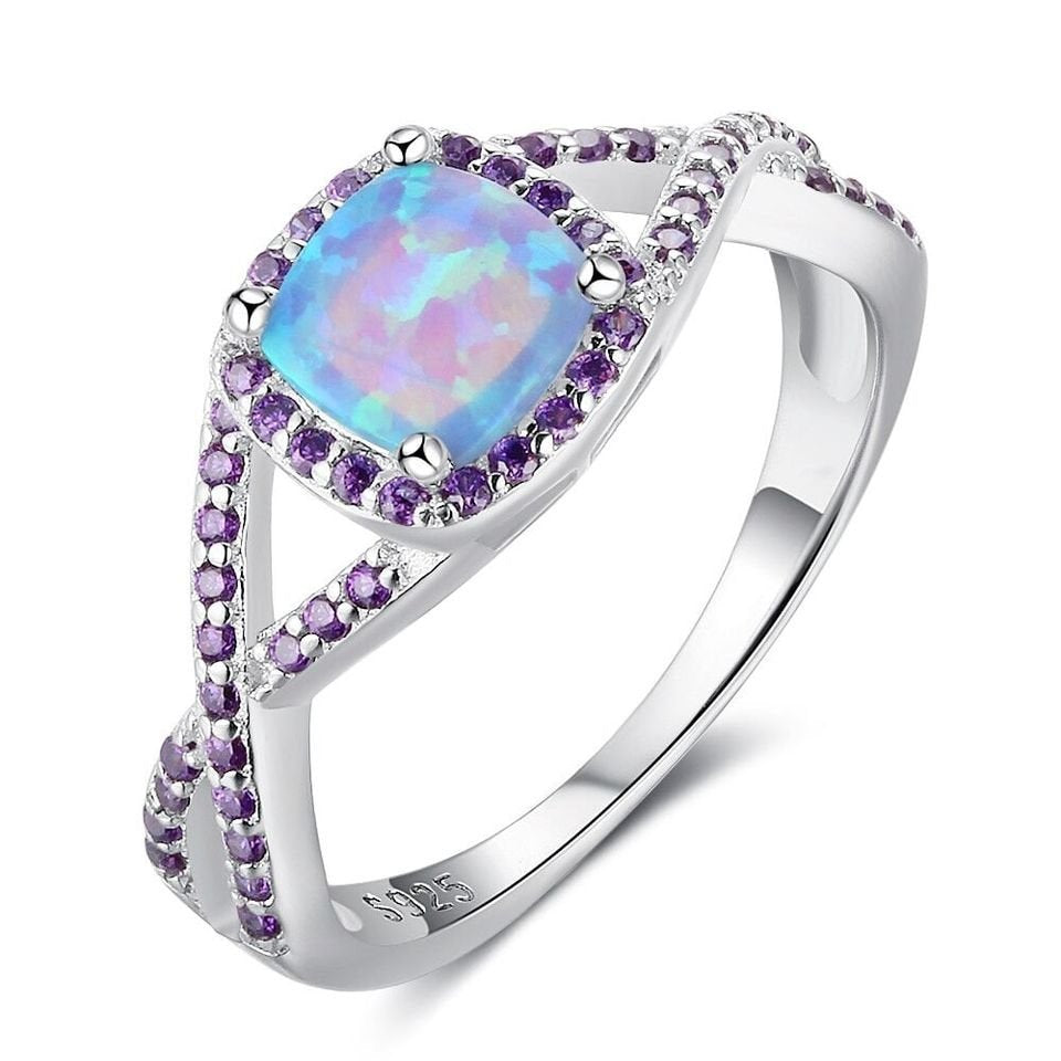 Princess-Cut Blue Opal & Purple Cubic Zirconia Silver Ring