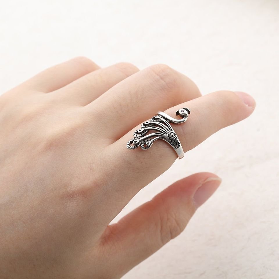 Retro Peacock Animal Feather Open Antique Silver Ring