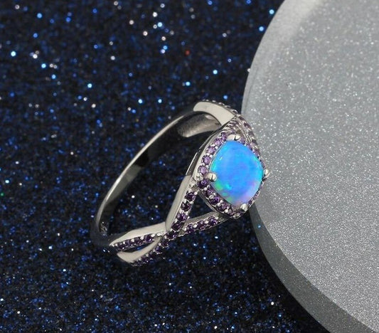 Princess-Cut Blue Opal & Purple Cubic Zirconia Silver Ring