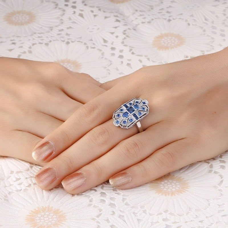 Huge Blue Sapphire Art Deco Silver Geometric Ring