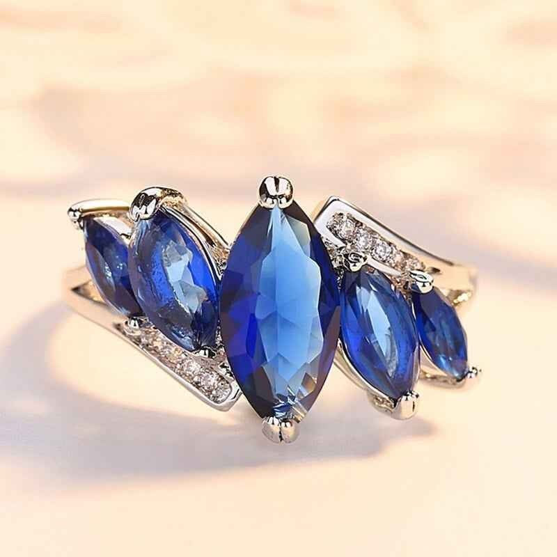 Marquise Cut Blue Crystal Silver Ring