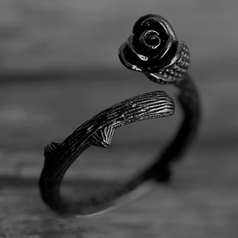 Elegant Gun Black Rose Flower Open Ring