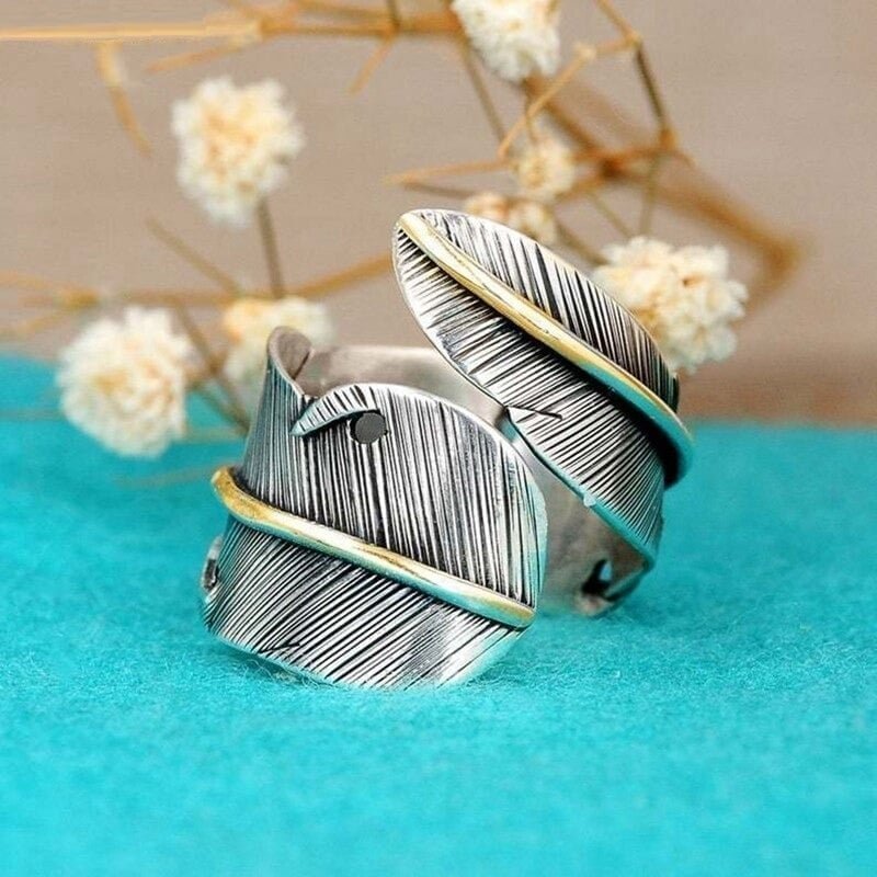 Vintage Carved Feather Open Antique Silver Boho Ring