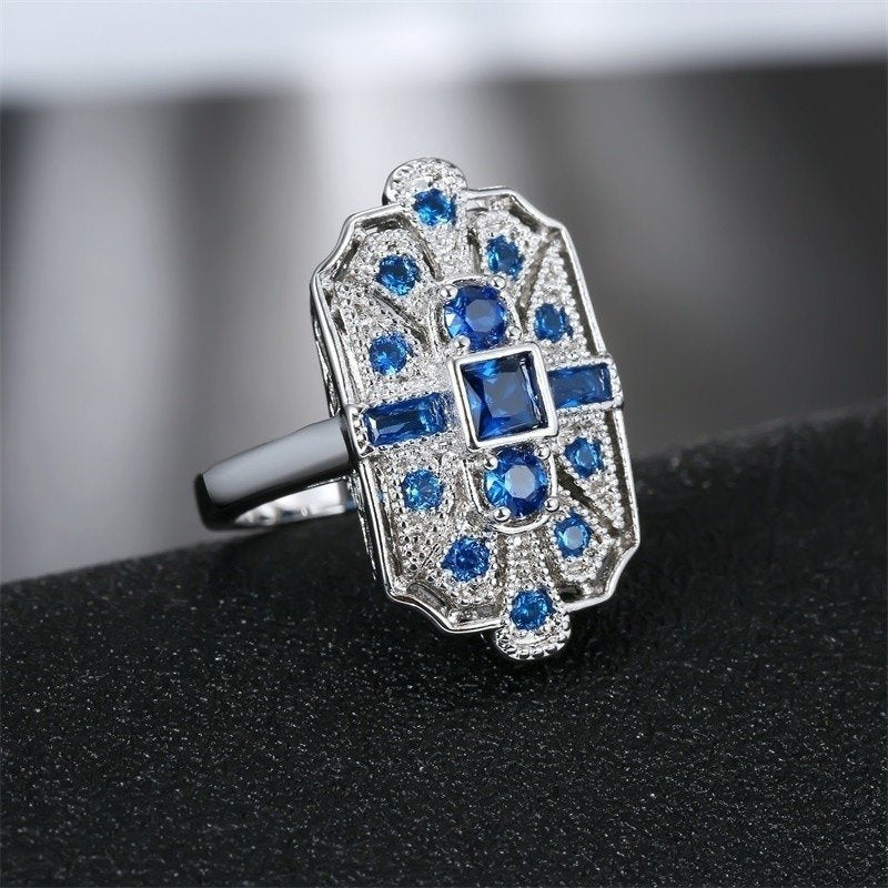 Huge Blue Sapphire Art Deco Silver Geometric Ring