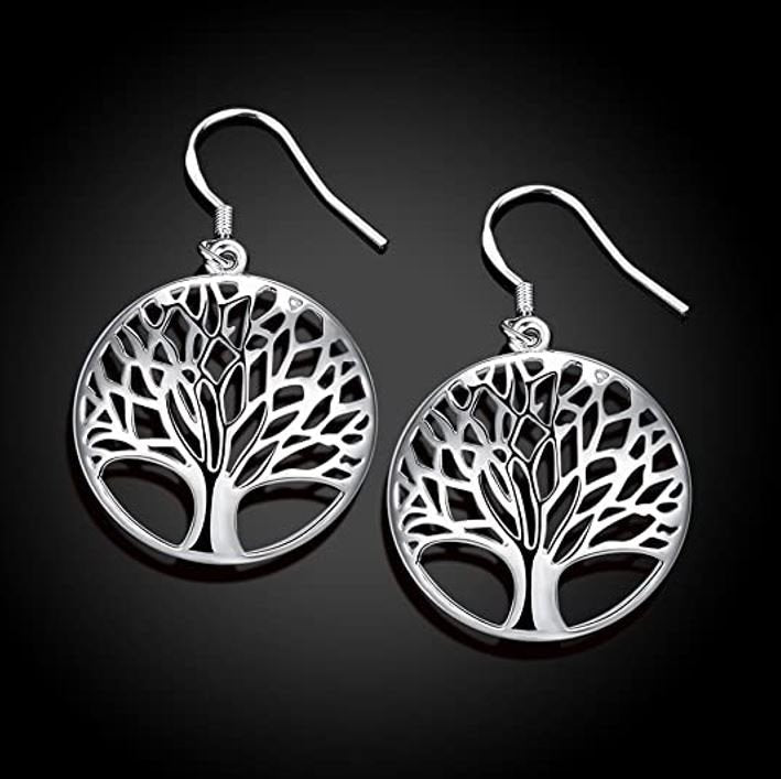 925 Sterling Silver Round Tree Of Life Hook Earrings