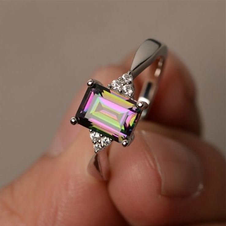 Exquisite Princess Cut Mystic Rainbow Topaz Silver Ring