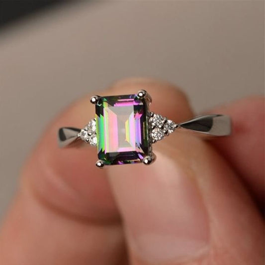 Exquisite Princess Cut Mystic Rainbow Topaz Silver Ring