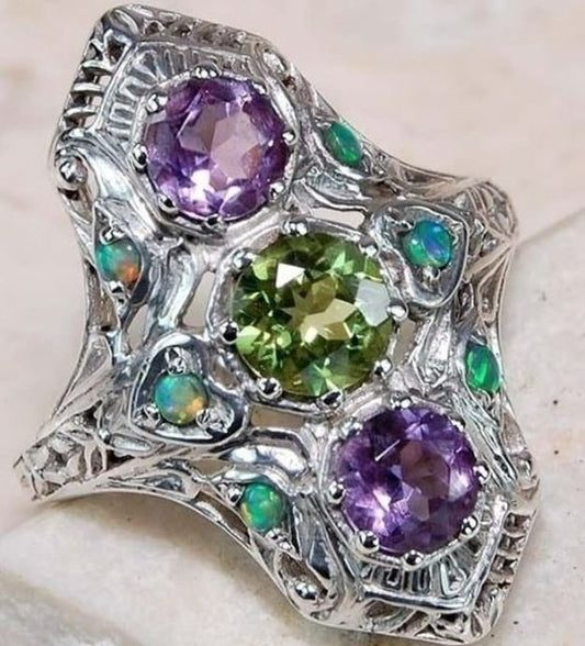 925 Sterling Silver Amethyst & Peridot Vintage Ring