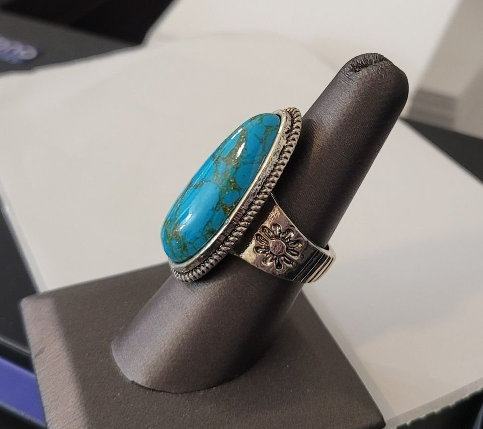Huge Natural Blue Turquoise Flower Antique 925 Silver Ring