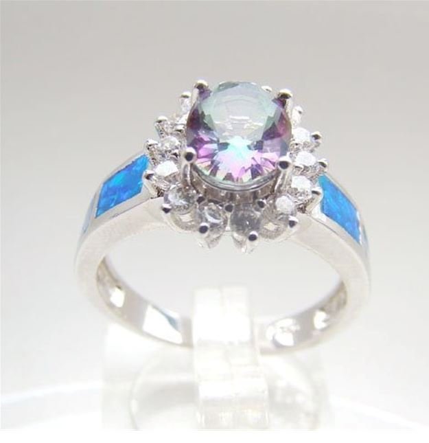 Blue Fire Opal & Round Mystical Topaz Ring