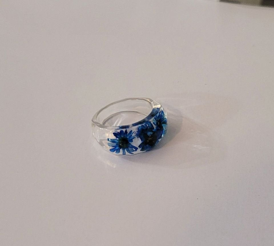 Clear Dried Blue Flowers Transparent Resin Epoxy Ring