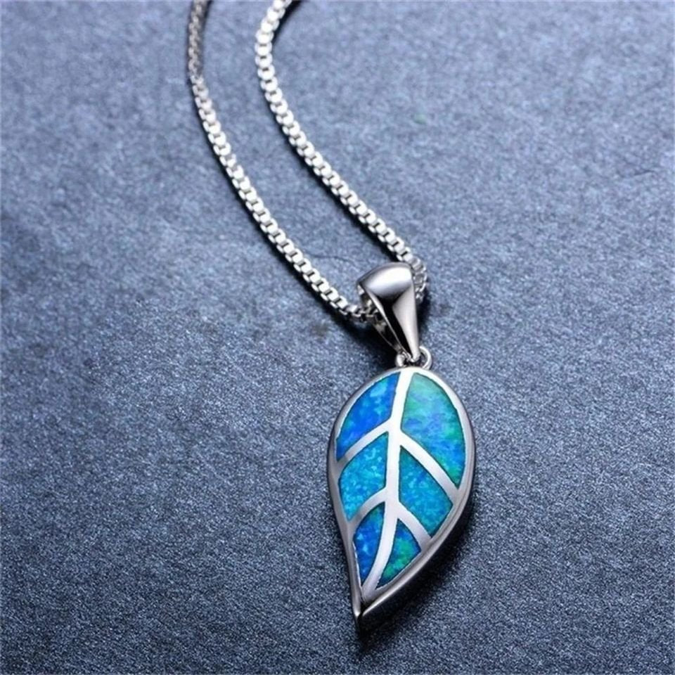 Blue Opal Leaf Silver Necklace & Chain