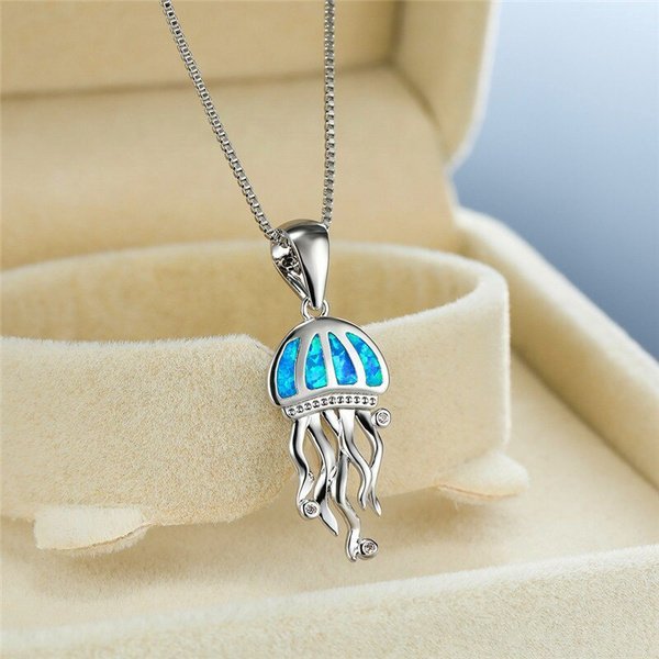 Blue Fire Opal Jellyfish Silver Necklace & 20 Chain