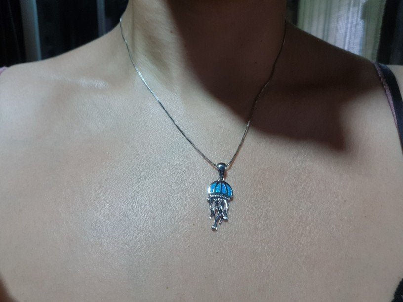 Blue Fire Opal Jellyfish Silver Necklace & 20 Chain