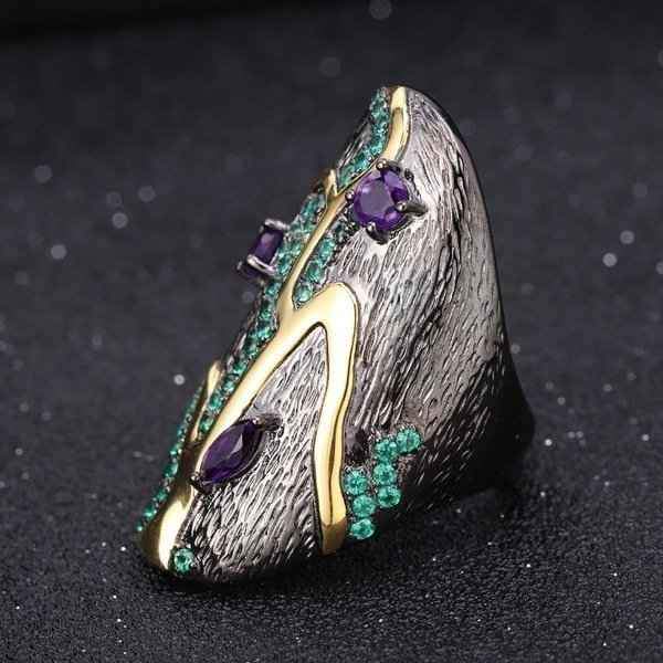 Handmade Two-tone Purple Amethyst Sterling Silver Long Leaf Ring