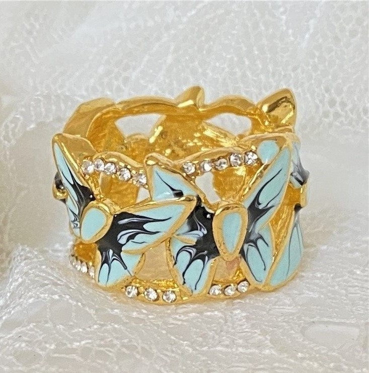 925 Sterling Silver Filled Blue Butterfly Golden Enamel Ring