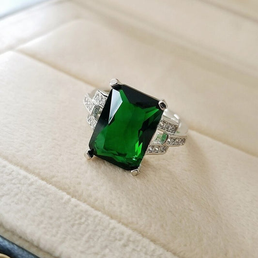 Sterling Silver Big Emerald Green Rectangle Ring