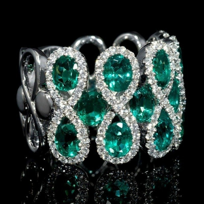 Green Emerald & White Pear Weave Band Silver Ring