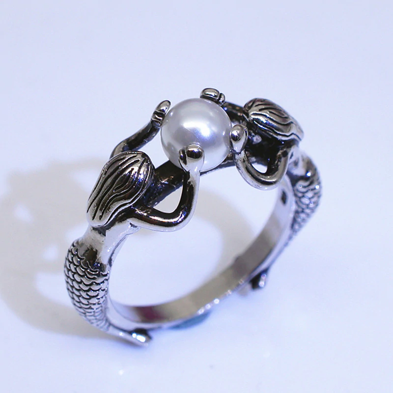 Retro Mermaid Freshwater Pearl Antique Silver Ring