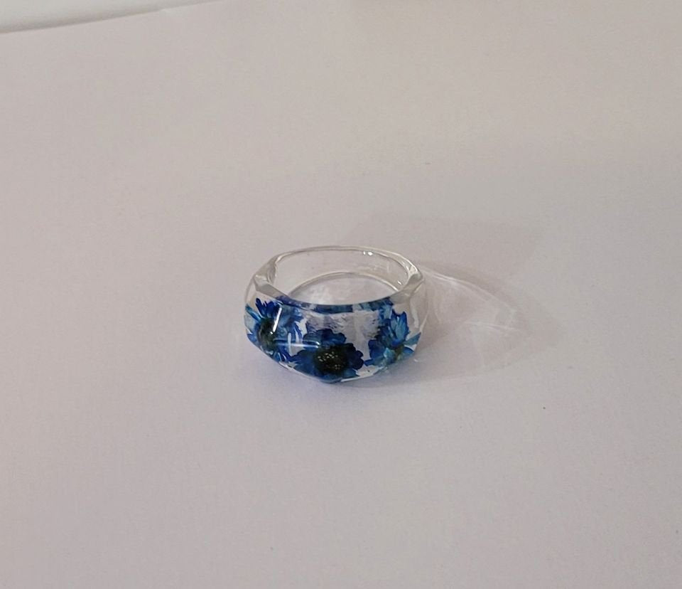 Clear Dried Blue Flowers Transparent Resin Epoxy Ring