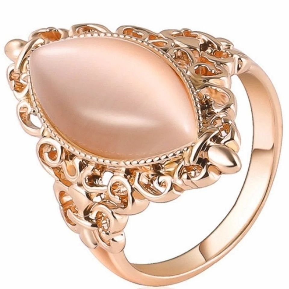 925 Sterling Silver Vintage Pink Opal Rose Gold Tone Ring