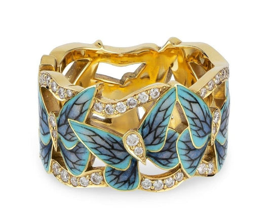 925 Sterling Silver Filled Blue Butterfly Golden Enamel Ring