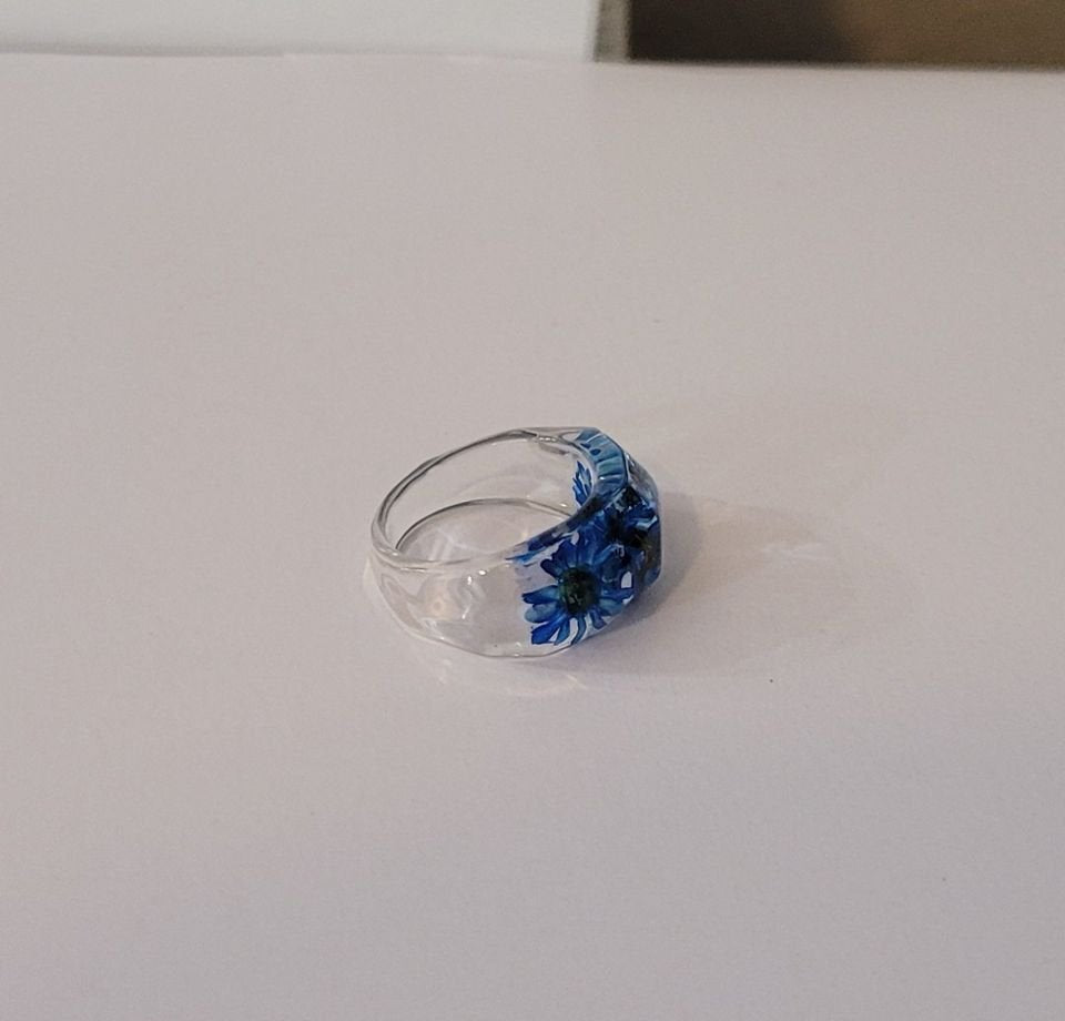 Clear Dried Blue Flowers Transparent Resin Epoxy Ring