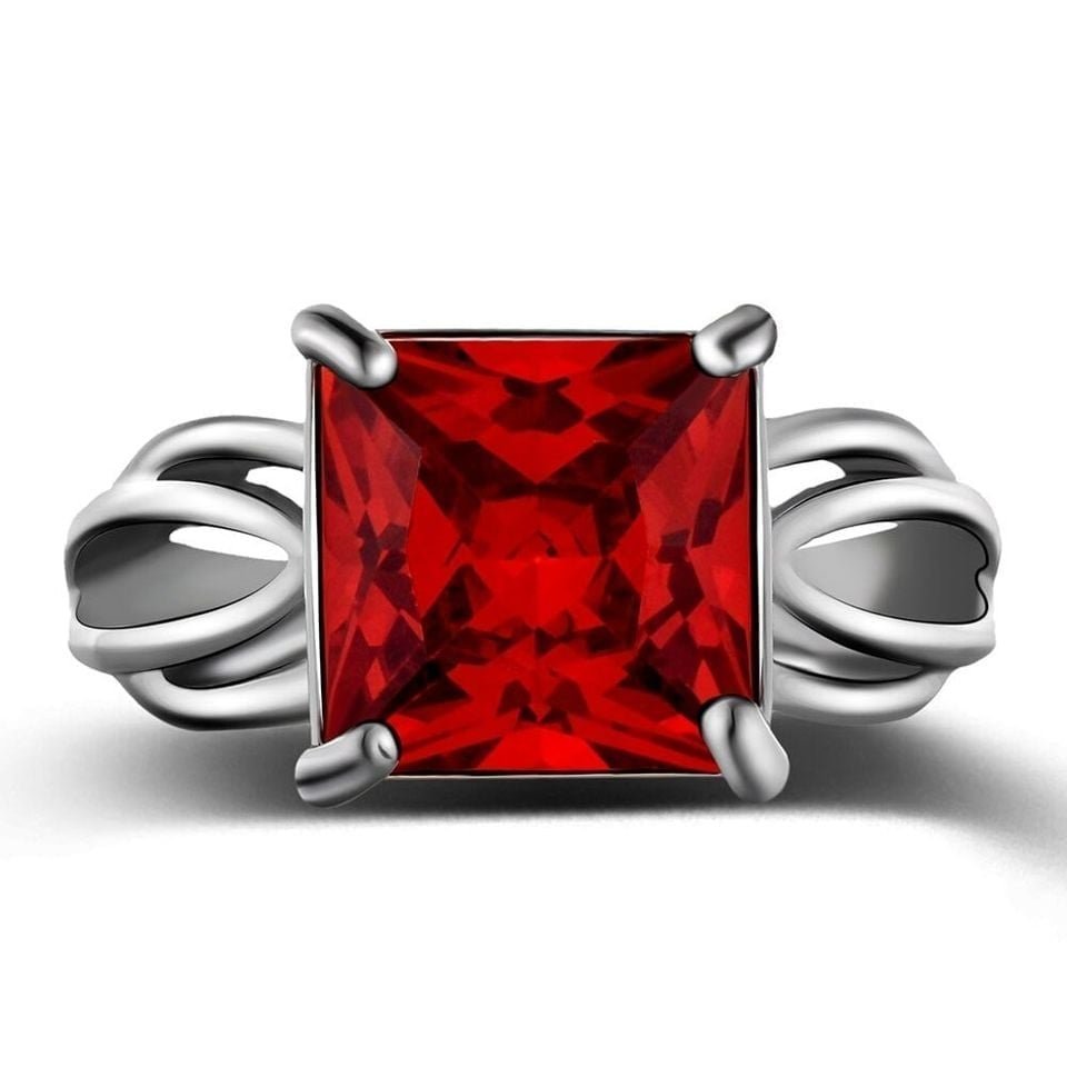 Big 10mm Square Ruby Red Solitaire Silver Ring