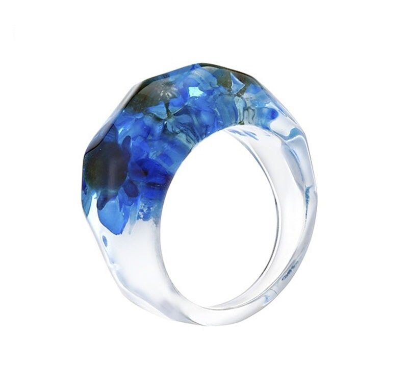 Clear Dried Blue Flowers Transparent Resin Epoxy Ring