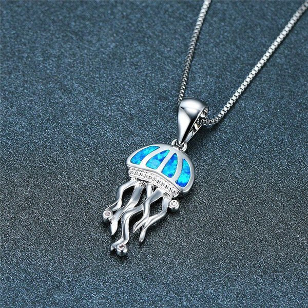 Blue Fire Opal Jellyfish Silver Necklace & 20 Chain