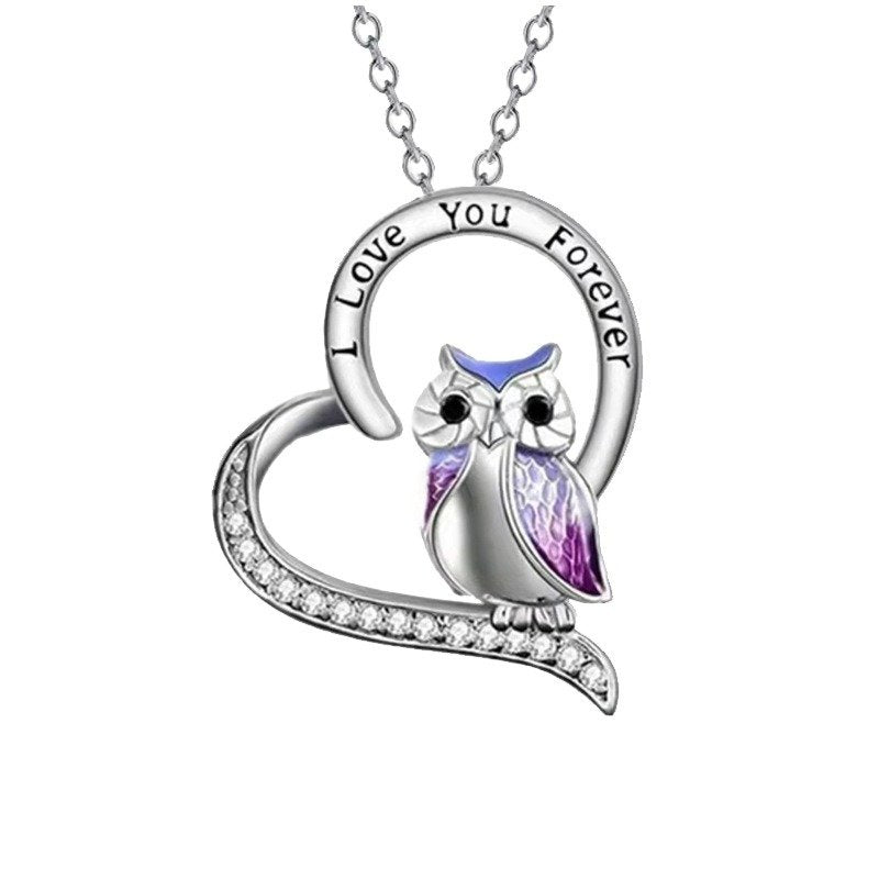 Pink Owl "I LOVE YOU FOREVER" Silver Heart Necklace