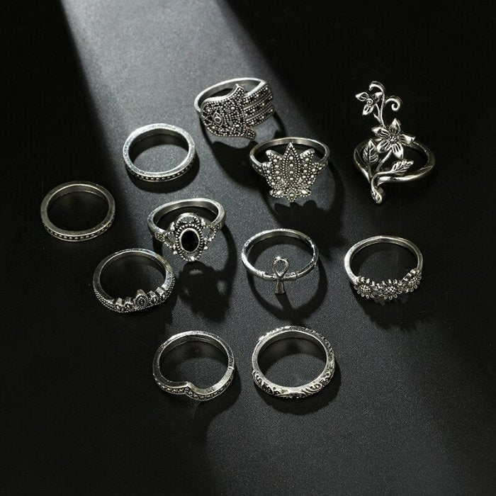 12pcs Retro Black Crescent Owl Antique Silver Ring Set