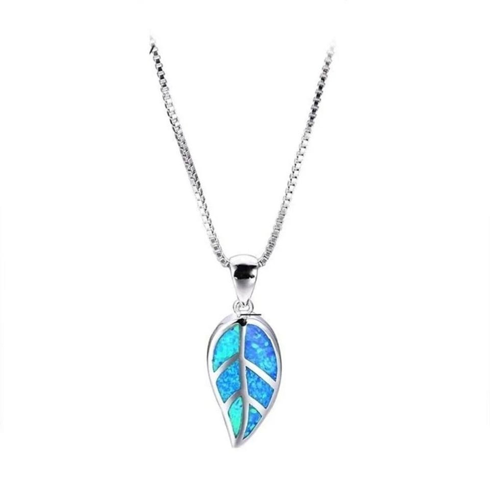 Blue Opal Leaf Silver Necklace & Chain