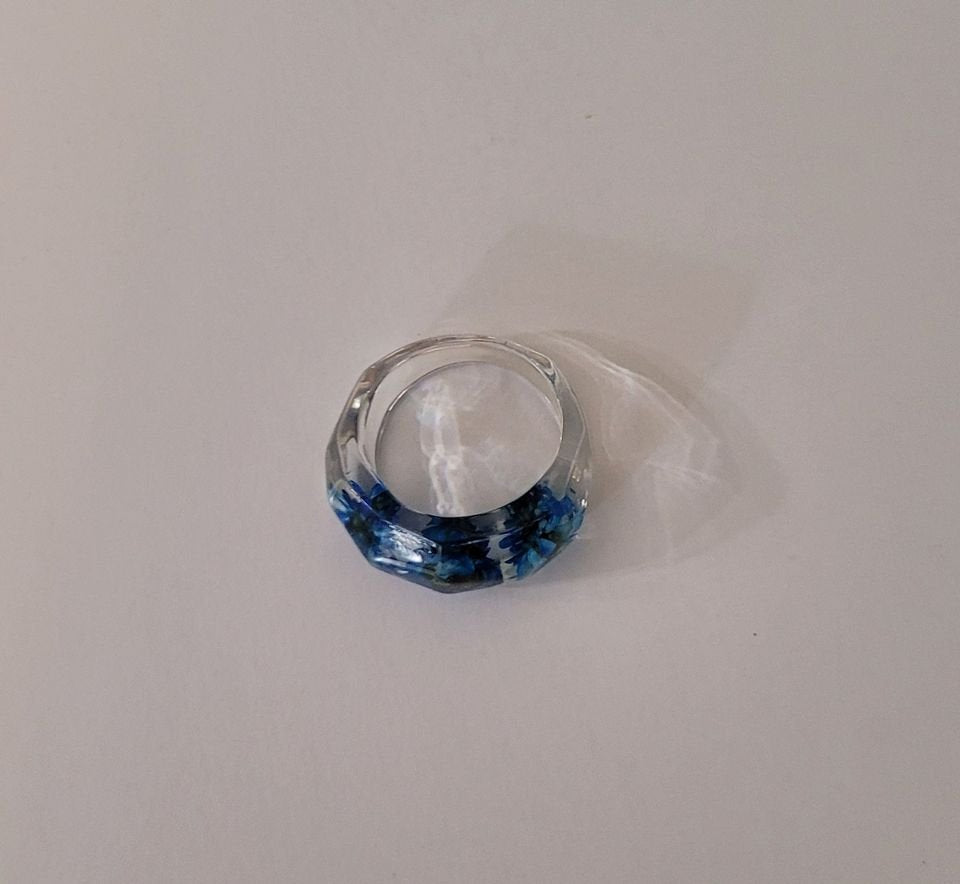 Clear Dried Blue Flowers Transparent Resin Epoxy Ring