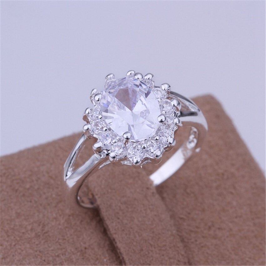 925 Sterling Silver Flower Halo Engagement Ring