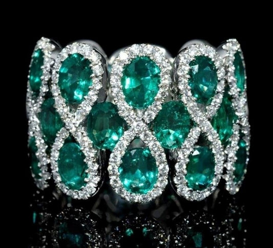 Green Emerald & White Pear Weave Band Silver Ring