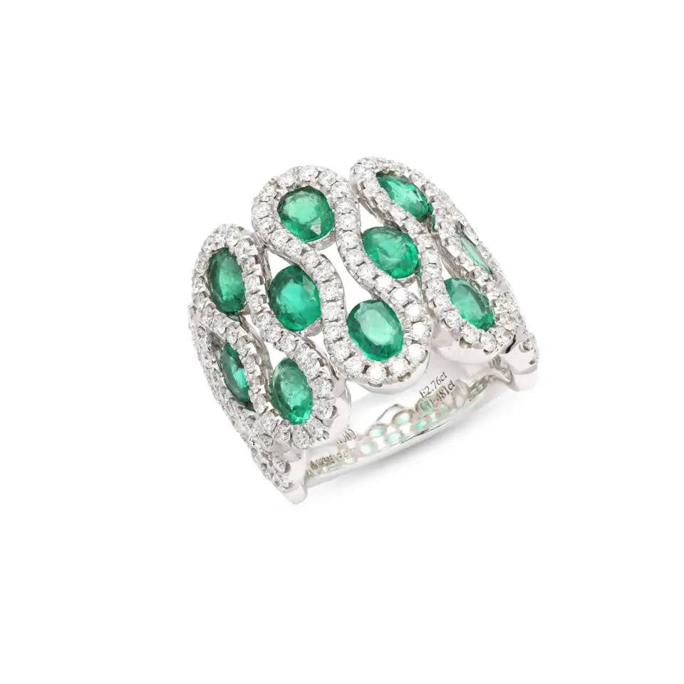 Green Emerald & White Pear Weave Band Silver Ring