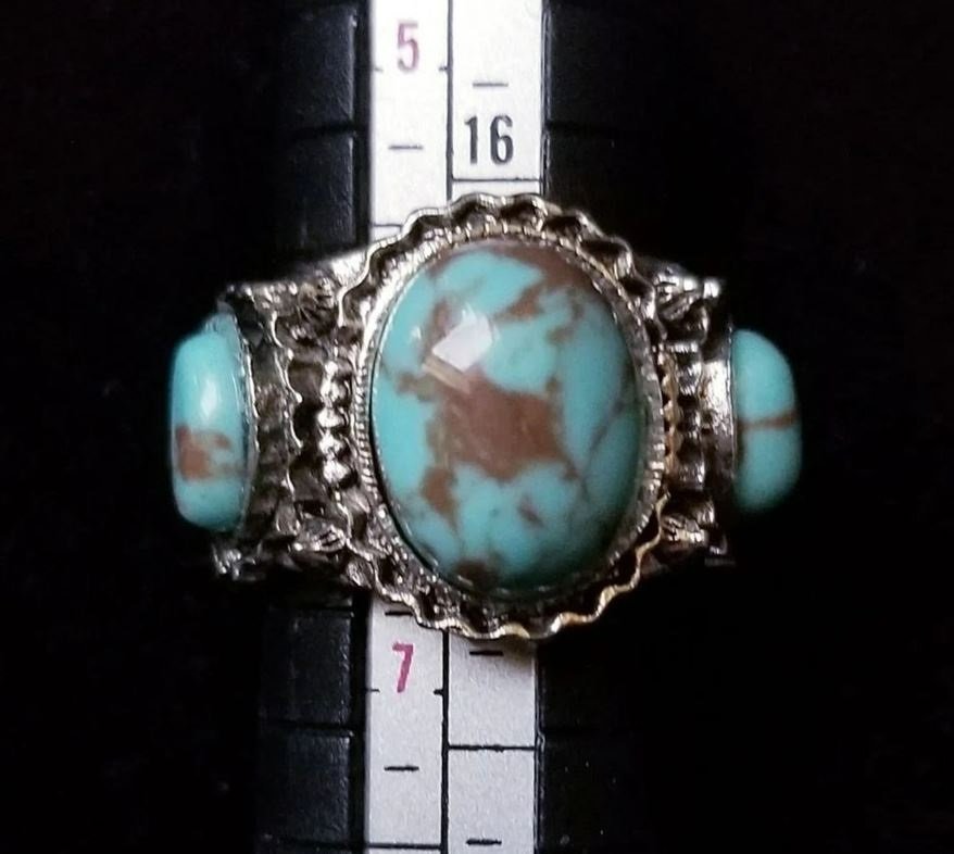 Vintage Marbled Blue Turquoise Retro Antique Silver Ring