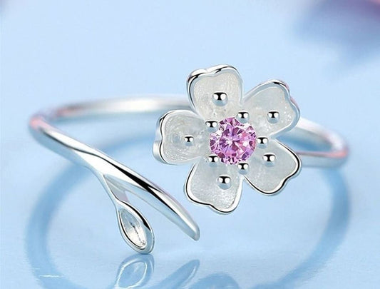 Sterling Silver Pink Flower Open Sakura Ring